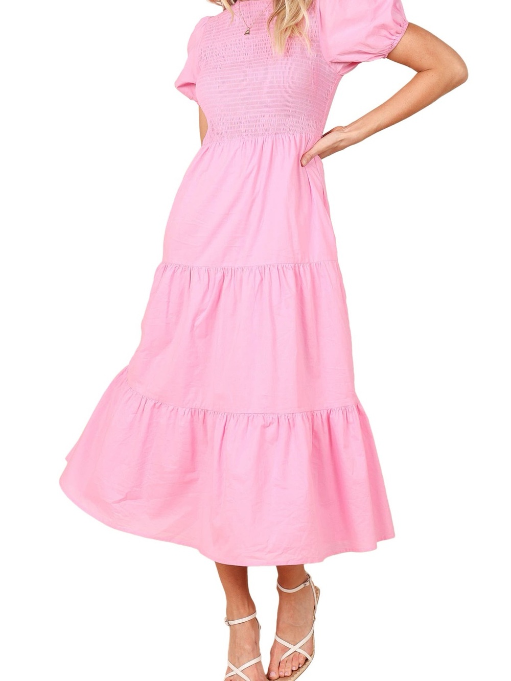 Petal & Pup Pink Smocked Tiered Midi Dress Size Large Short Sleeve